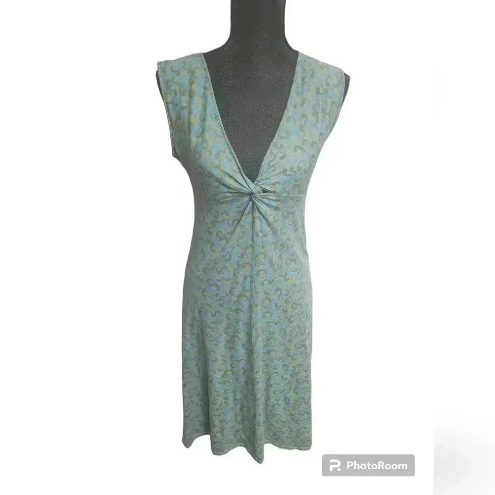 Free People Womens Abstract Print Jersey Knit V-Neck A-Line Dress Green